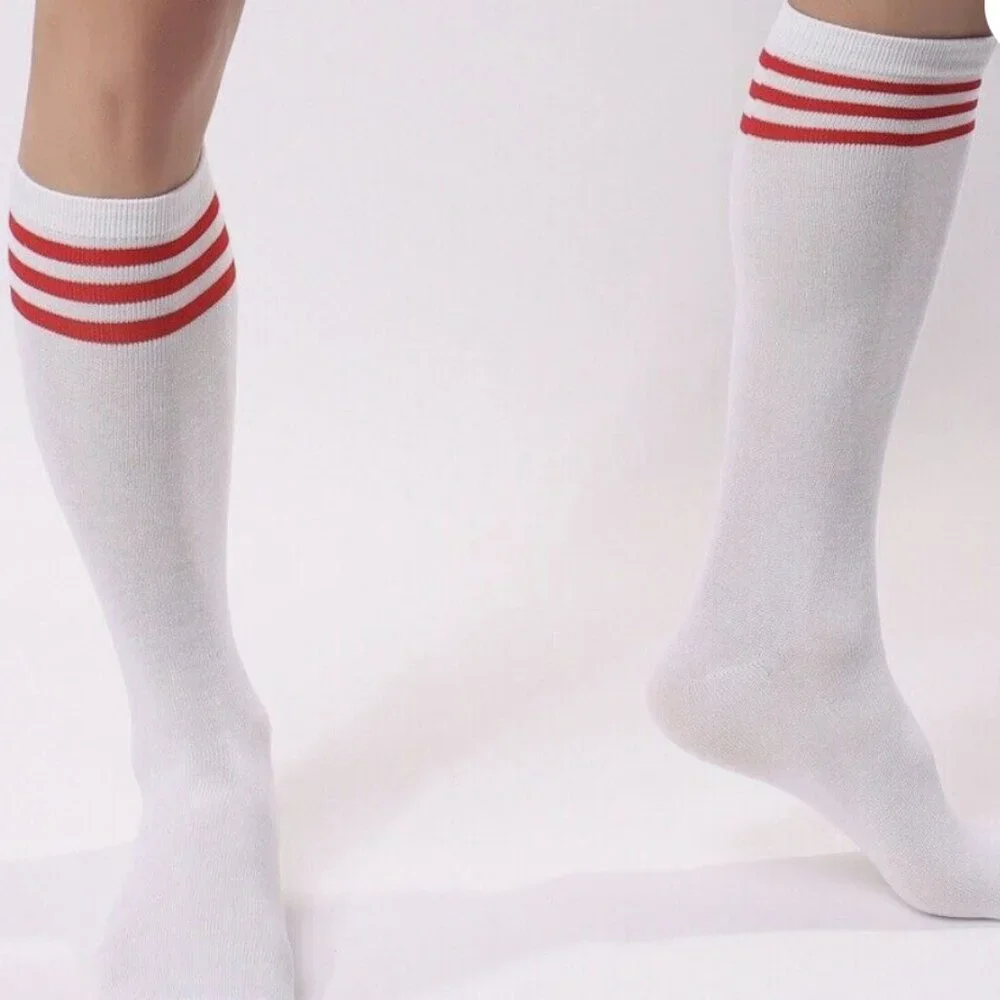 Men's Socks 80's Old School Classic White Red Striped Mid Calf Athletic Socks